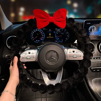 Steering wheel cover Cover Winter Plush Warm - stuffed-style-round-black-handlebar-red-bow-38cm