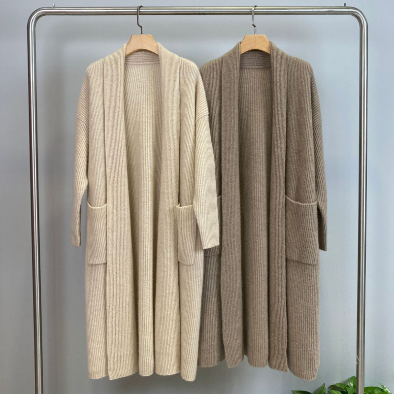 Heavyweight, Lazy, Casual, and Stylish Thick Pure Wool Sweater for Women, Long Over-The-Knee Cardigan, Soft and Loose Outerwear