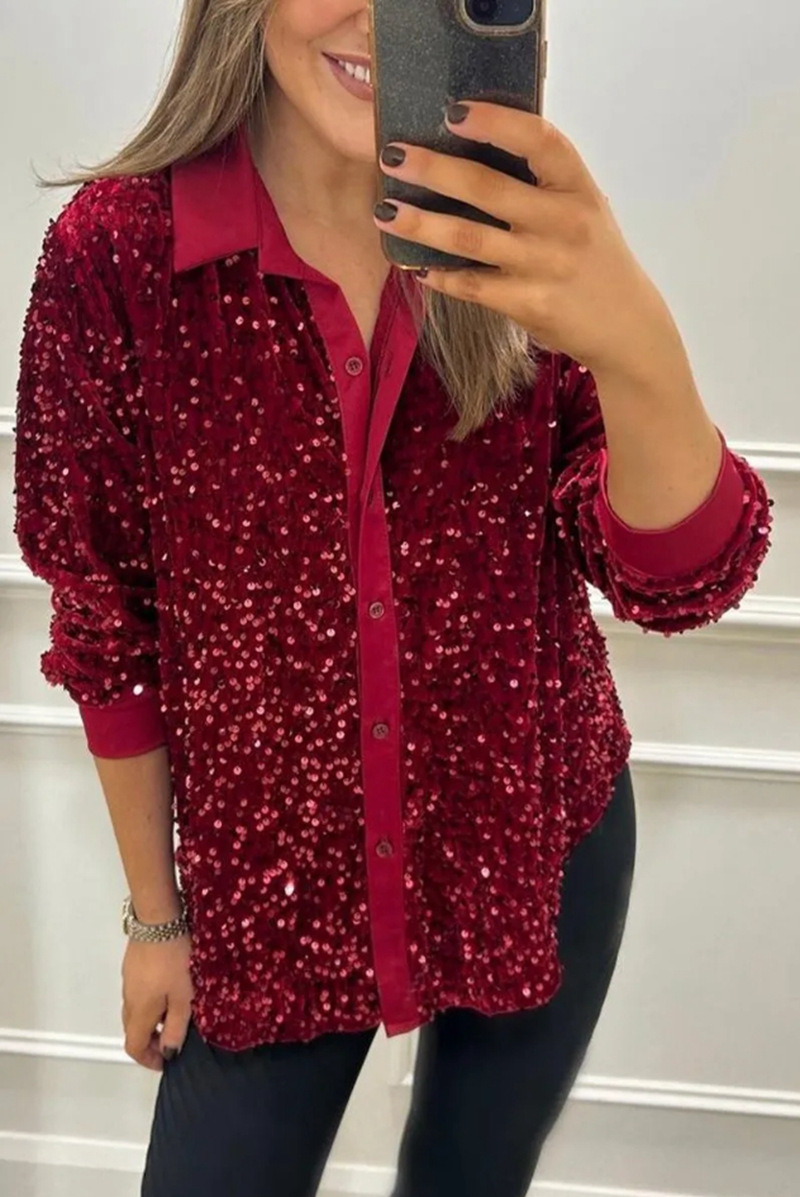 Women's Glitter Sequin Button-up Shirt Elegant Trendy Blouse_voghion.com