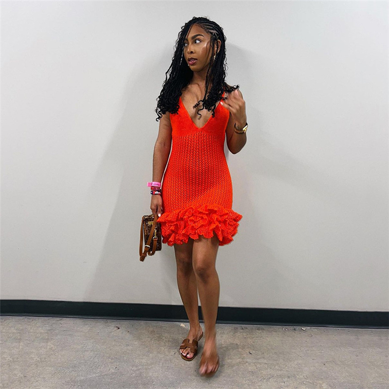 2024 Abito da donna nuovo sexy con bordo auricolare in legno cavo, lavorato a maglia, con fascia avvolgente_voghion.com