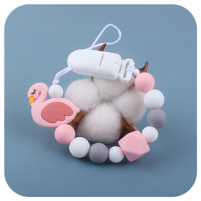 Bebé de dibujos animados animal Flamingo juguete de silicona dientes de bebé molienda palo mordedor chupete cadena anti-gota cadena