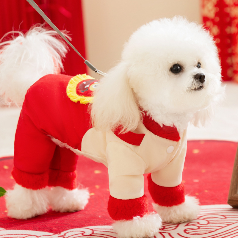 Otoño y invierno perros gruesos cinturones calientes despertar leones de Año Nuevo ropa de algodón de cuatro patas gato Tang vestido festivo ropa de perro mascota