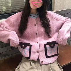 减龄蝴蝶结麻花毛衣撞色开衫女秋冬新款复古软糯慵懒风针织外套潮