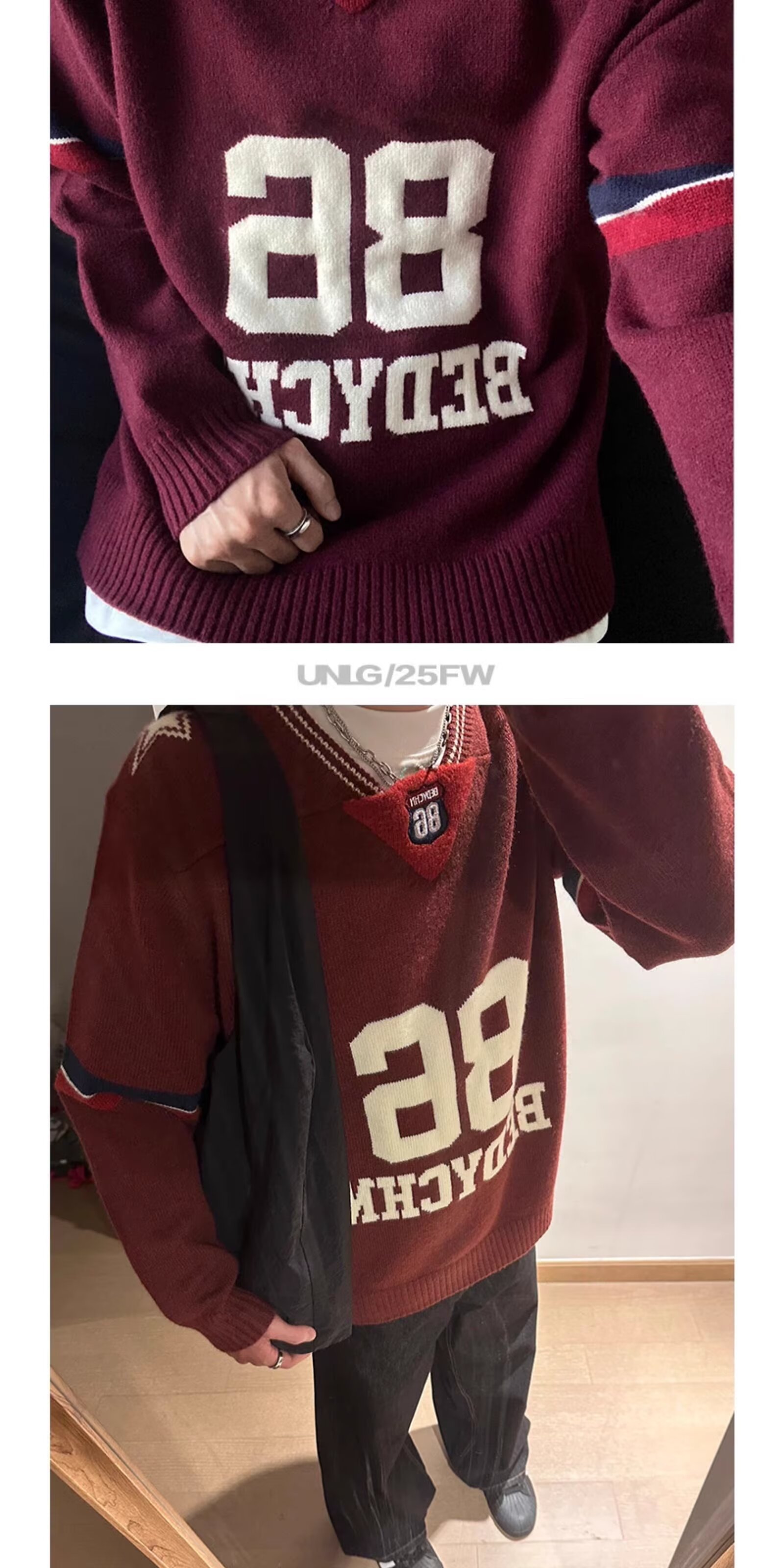 Men's Retro Color Block V-neck Pullover Sweater For Men Navy Red_voghion.com
