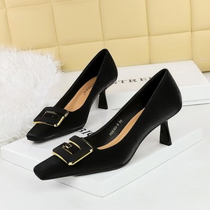 6183-K25 European and American Fashion Professional OL Women's Shoes High Heels, Shallow Mouth Square Head Metal Bu