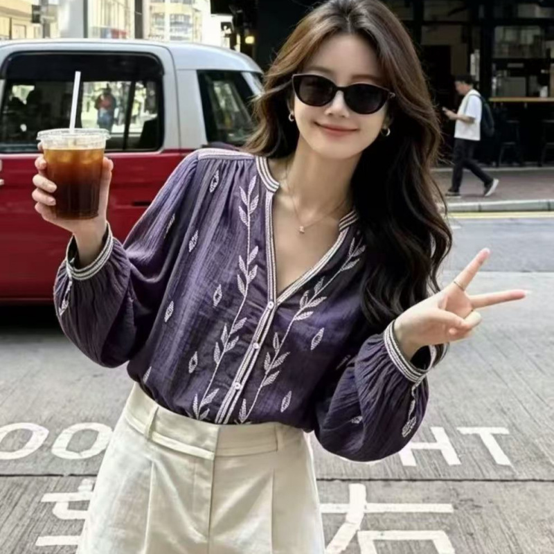 French-Style Niche 26Th Spring/Summer New Ethnic Style Embroidered Puff Sleeve V-Neck Long-Sleeve Pure Cotton Breathable Shirt Top French-Style Niche 26Th Spring/Summer New Ethnic Style Embroidered Puff Sleeve V-Neck Long-Sleeve Pure Cotton Breathable Shirt Top