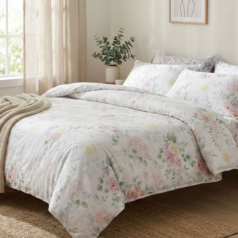 Luz de lujo Tencel Lino conjunto de cuatro piezas estilo pastoral impresión francés lluvia ropa de cama edredón cubierta hoja de cama al por mayor