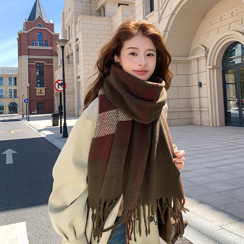 2025秋冬新款格子仿羊绒围巾女韩版百搭加厚保暖学生美拉德风围脖|undefined