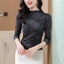 现货网纱印花T恤女装秋季2023新款弹力修身上衣长袖套头小衫批发