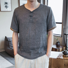 2021夏季新款男士中國風復古盤扣刺綉V領亞麻短袖T恤大碼青年薄款