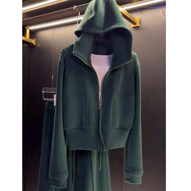 Fashionable Dark Green Hooded Zipper Sweatshirt Jacket for Women 25 Winter New High-End Whitening and Slimming Look Versatile Top