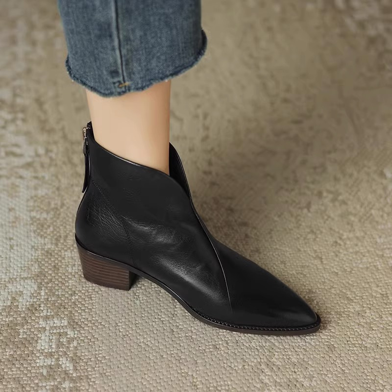 Winter Martin Boots For Women Retro Pointed Toe Mid Heel V Cut Chunky Heel British Style Fashion Boots_vogvips.com