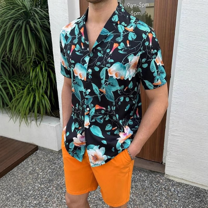 Cross-Border 2025 New Amazon European and American Fashion Trendy Cuban Collar Short-Sleeve Shirt and Shorts Set with 3D Print Cross-Border 2025 New Amazon European and American Fashion Trendy Cuban Collar Short-Sleeve Shirt and Shorts Set with 3D Print