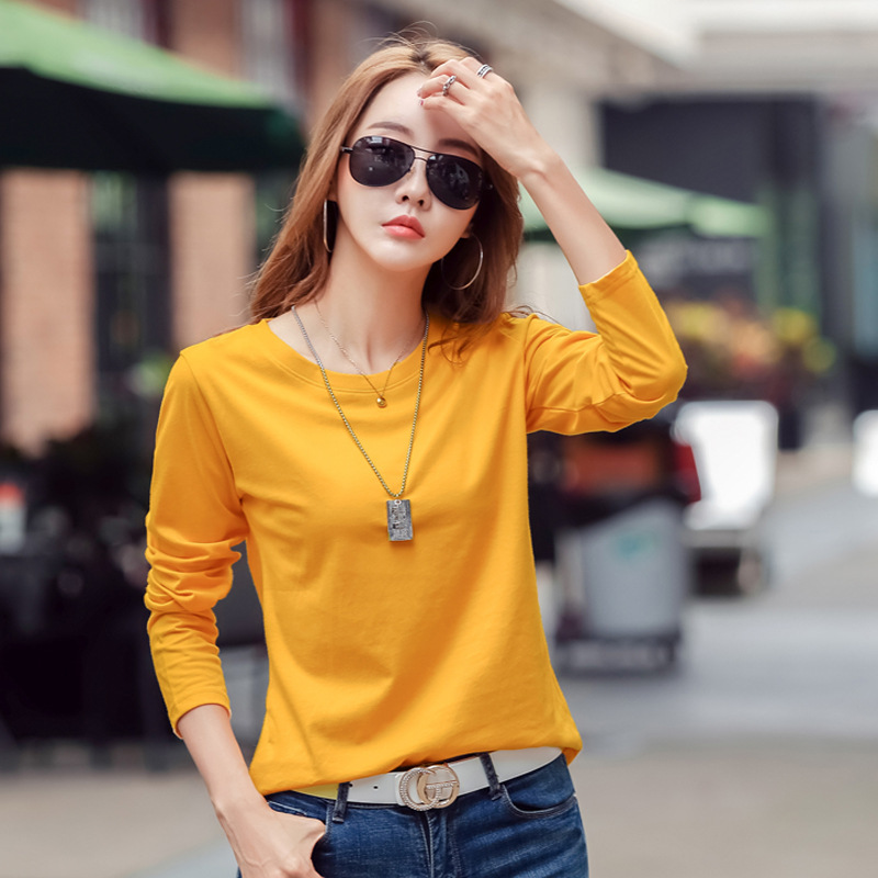 2025 春と秋の新ボトリングシャツ女性の長袖 Tシャツスリム無地シャツ秋の Tシャツトップス|undefined