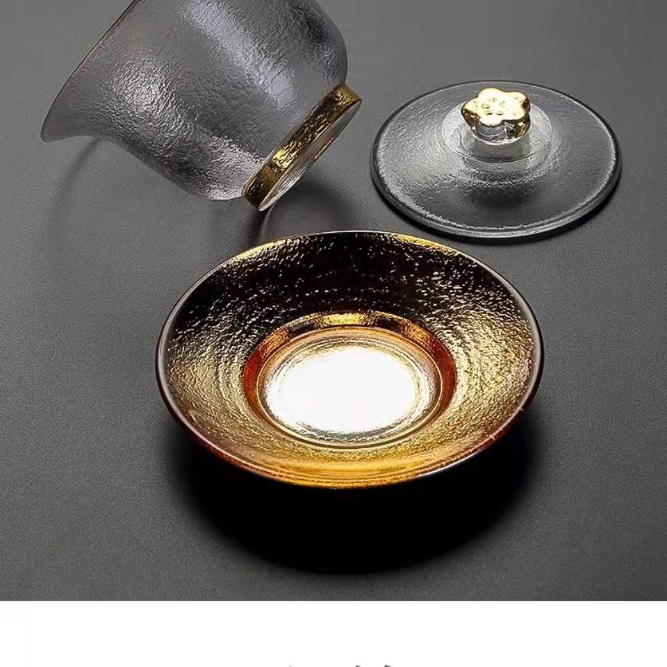 Tazón para té de vidrio de gran capacidad Sancai, borde dorado hecho a mano, resistente al calor, no quema las manos, producto de alta gama