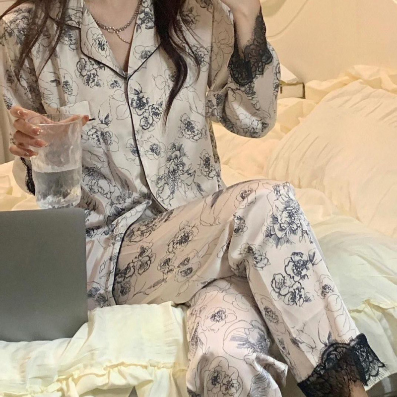 感绿色花卉印花冰丝睡衣女春秋季2025新款长袖套装丝绸家居服|undefined