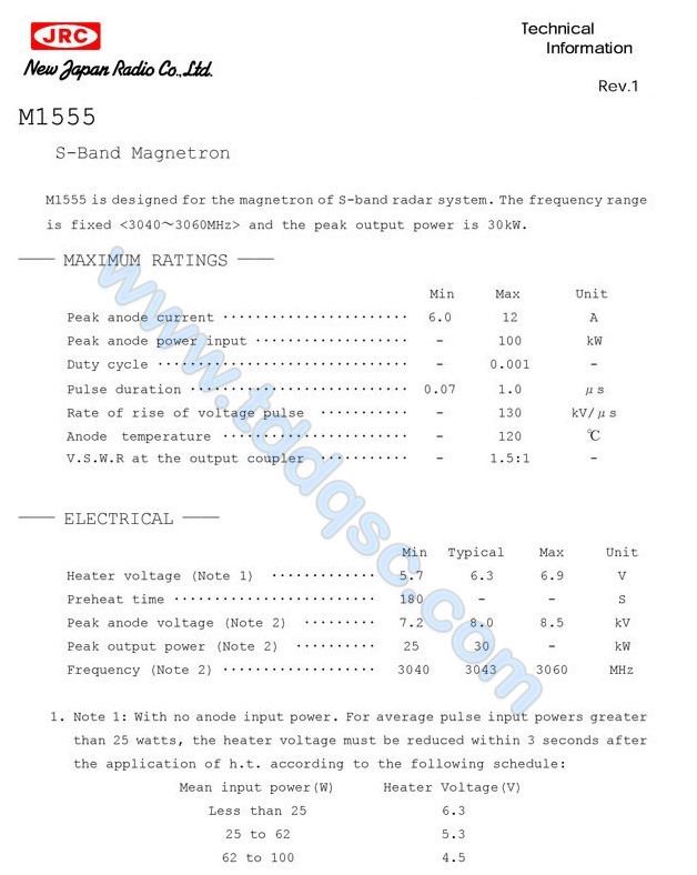 JRC M1555 磁控管参数