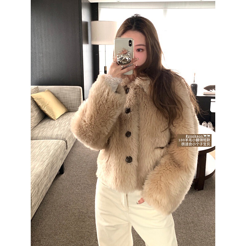 2025 Winter New Style 100 Wool Small Lapel Short Fur Outwear Feminine Fur One-Piece Fur Outwear