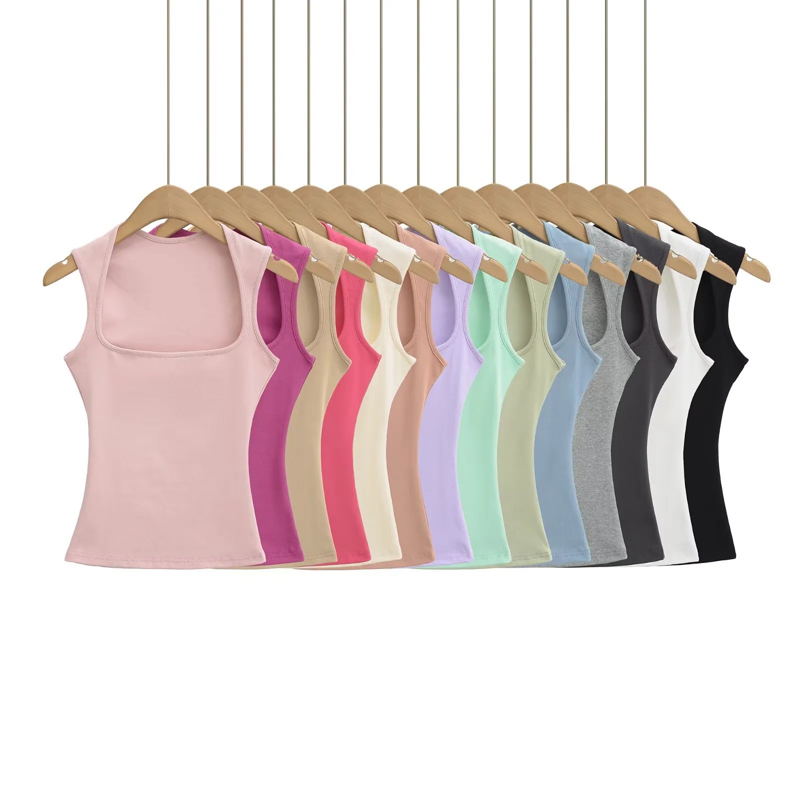 少女粉遮副乳方领宽肩带打底背心女2025夏修身显瘦窄肩无袖上衣