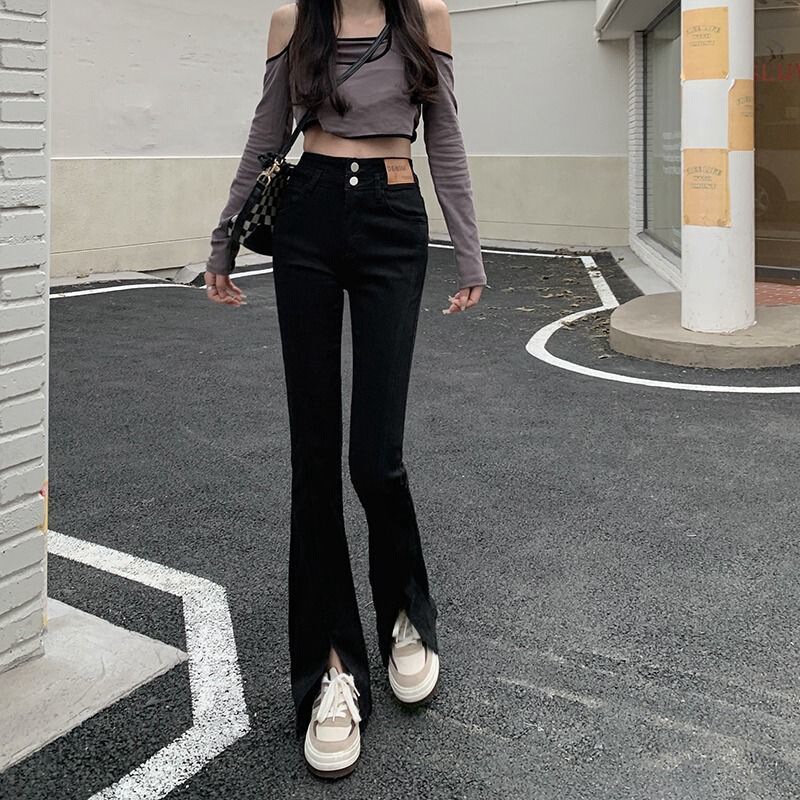 Split Jeans Women's Stretch Straight Slim-fit Design Niche Labeling High Waist Micro-split Wide-leg Trousers Split Jeans Women's Stretch Straight Slim-fit Design Niche Labeling High Waist Micro-split Wide-leg Trousers