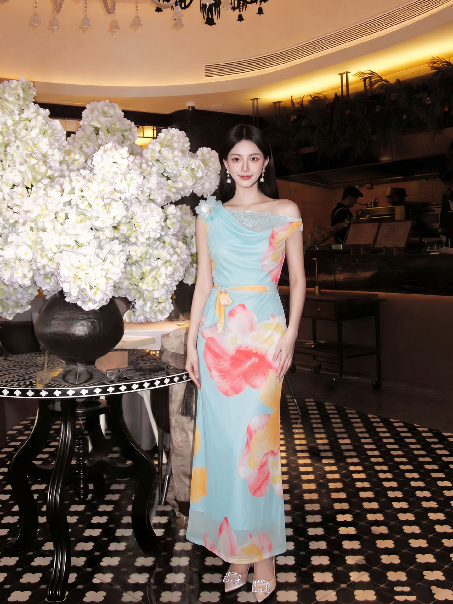 Đầm maxi nữ thắt eo phong cách tân cổ điển họa tiết in hoa dây rua — màu xanh nhạt