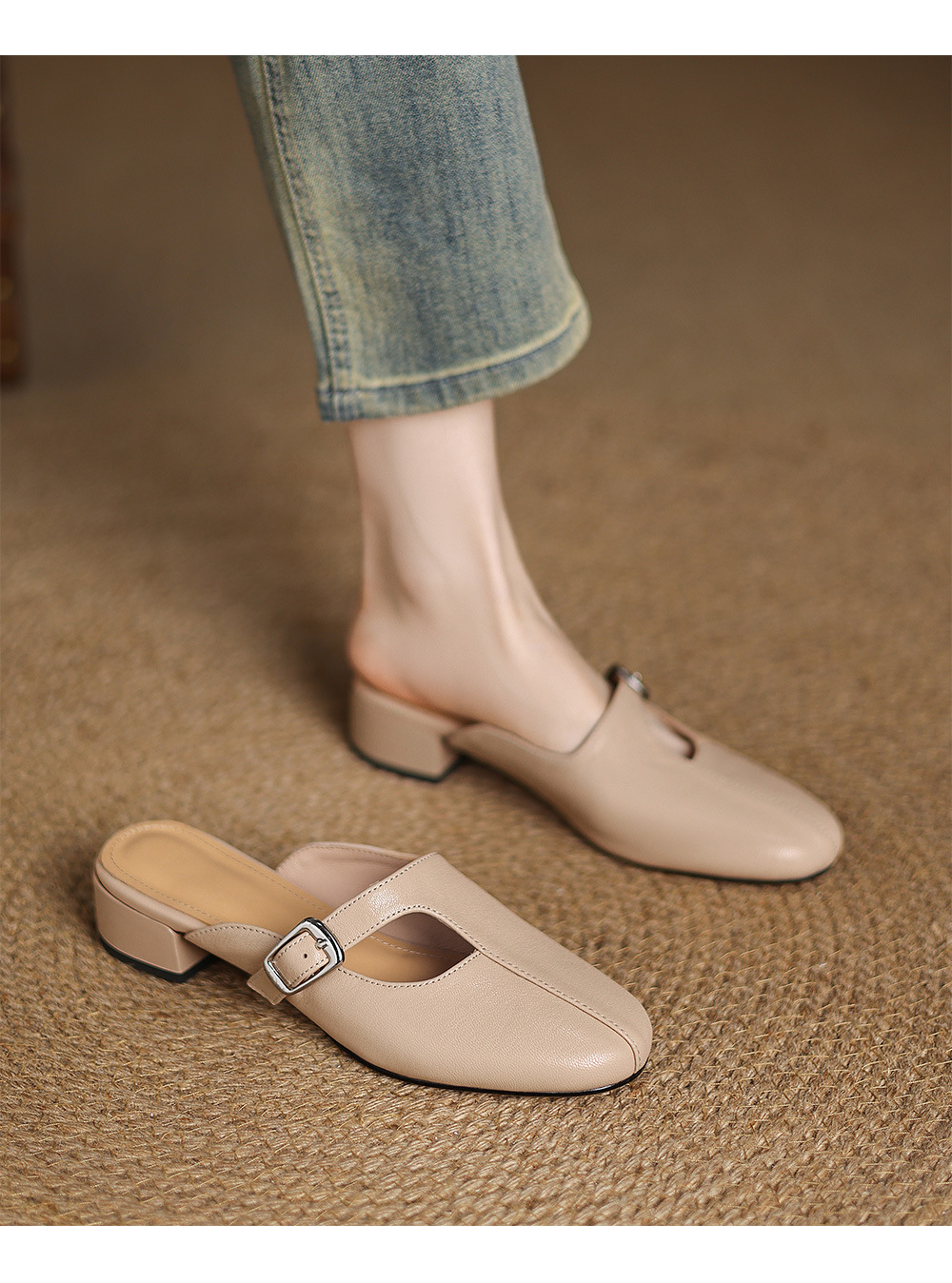 Dép sandal nữ da bò trùm đầu hở gót gót thấp đơn giản — màu trắng ngà chi tiết 11