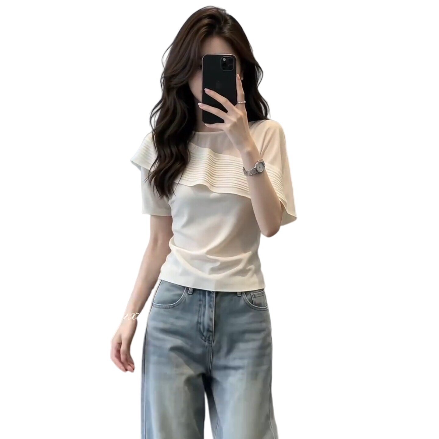 Áo thun nữ tay ngắn cổ tròn chất liệu cotton phối viền ren lá sen kiểu Pháp — màu trắng ngà chi tiết 5