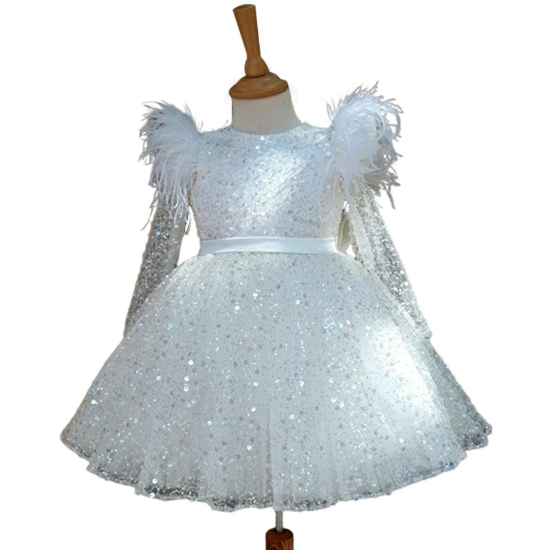 White skirt, long-sleeve, evening dress, children's nail sequins, suit, western style, Birthday gift