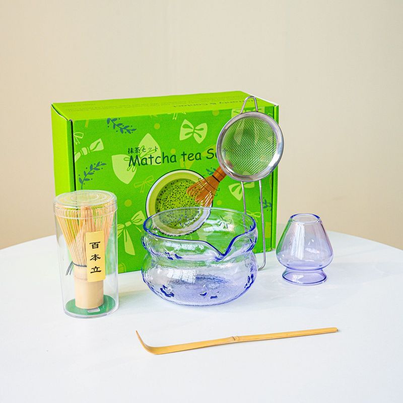 ガラス抹茶ティーセット 7 ピース透明高ホウケイ酸ピンク日本ギフトボックスセット抹茶ボウル茶筅卸売|undefined