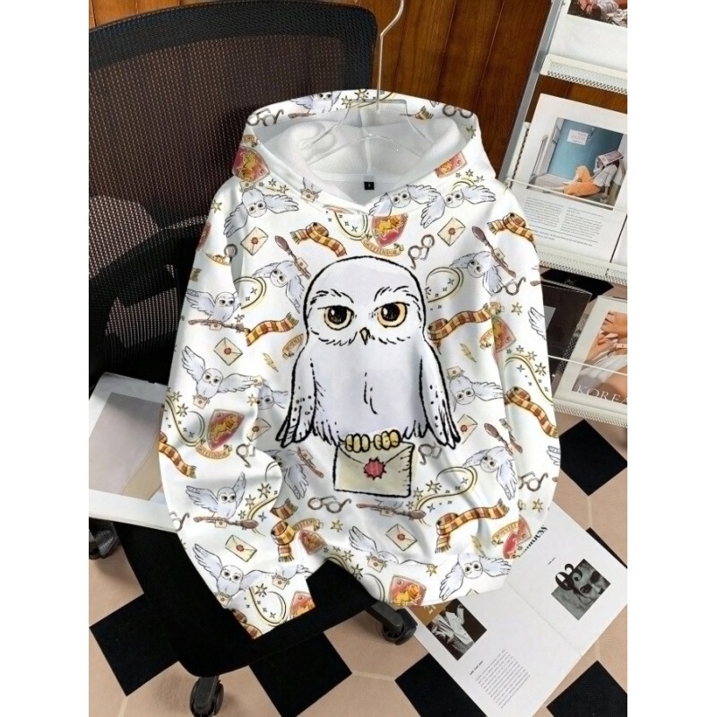 2026 New Hooded Sweatshirt Magic Owl Letter Wand All-Over Print Cartoon Digital Print Pullover for Men and Women