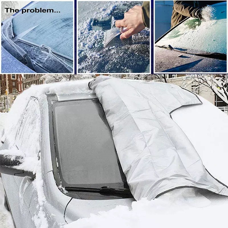 Black Car Glass Cover with Mirror Cover, Front Windshield Cover, All-Season Anti-Freeze Half Car Cover