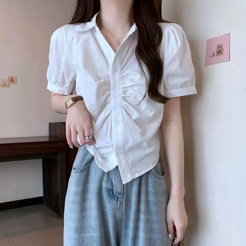 2025新款白色短款泡泡袖女侠设计感小众短袖衬衣韩式别致小衫