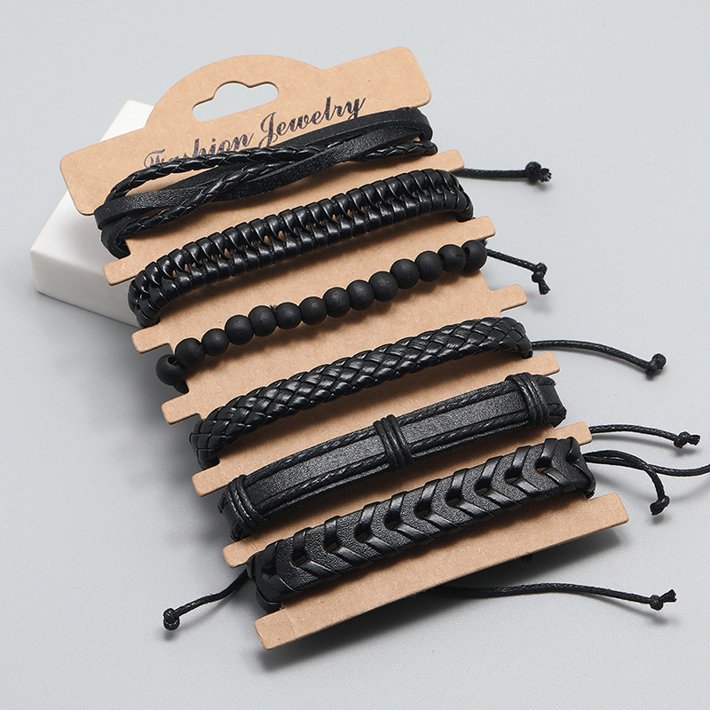 retro black woven mens leather bracelet simple diy combination set braceletpicture1