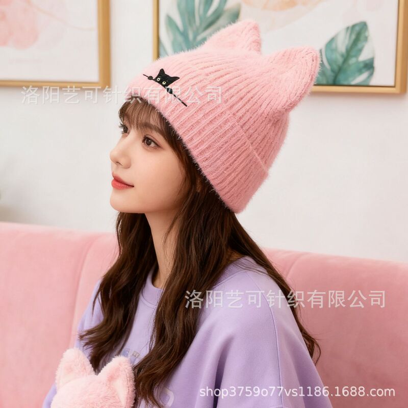 跨境新款猫咪耳朵针织帽刺绣毛线帽可爱秋冬保暖套头帽子外贸冷帽|undefined