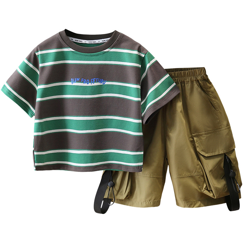 7185 Traje de manga corta para niños Pantalones cortos de camiseta a rayas de verano para niños 2025 Nuevo verano delgado y guapo de moda