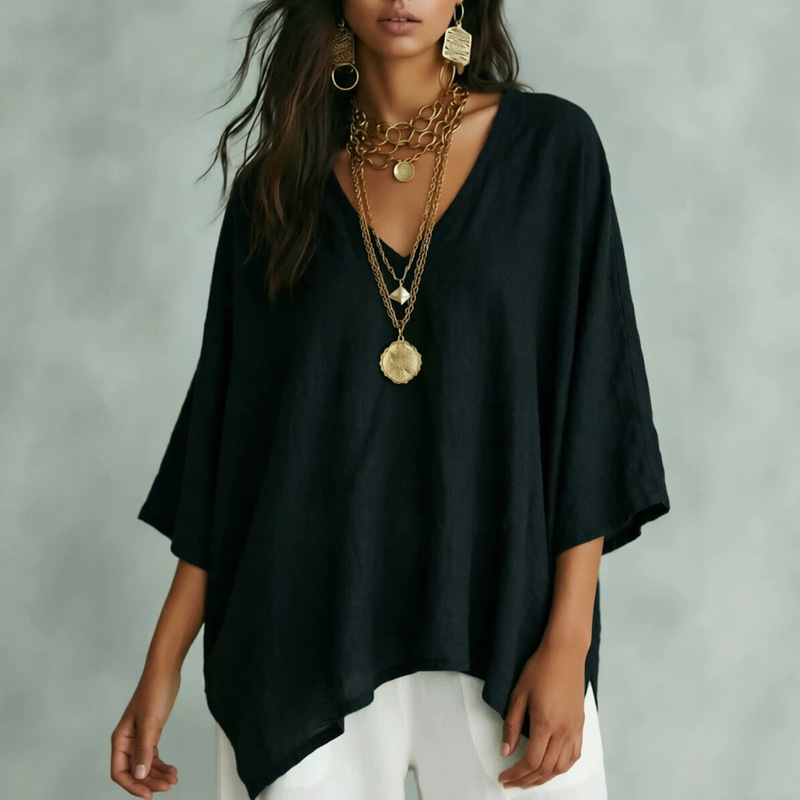 Cross-Border Amazon Independent Site Cotton and Linen V-Neck Twill Loose Comfortable Irregular Hem Women's Shirt