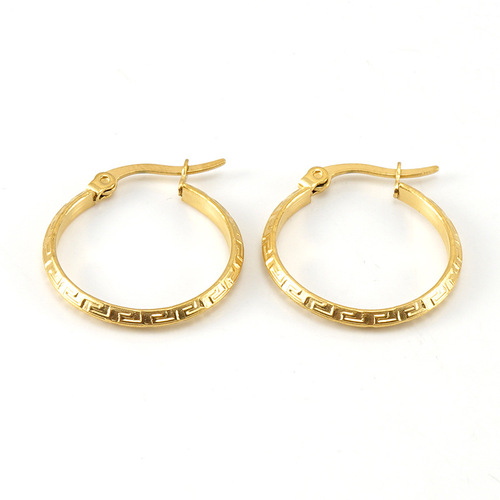 Cross-border Titanium Steel Round Earrings for Women, Simple European & American Style, 18K Stainless Steel, Great Wall Pattern Clasp Earrings, Wholesale Price