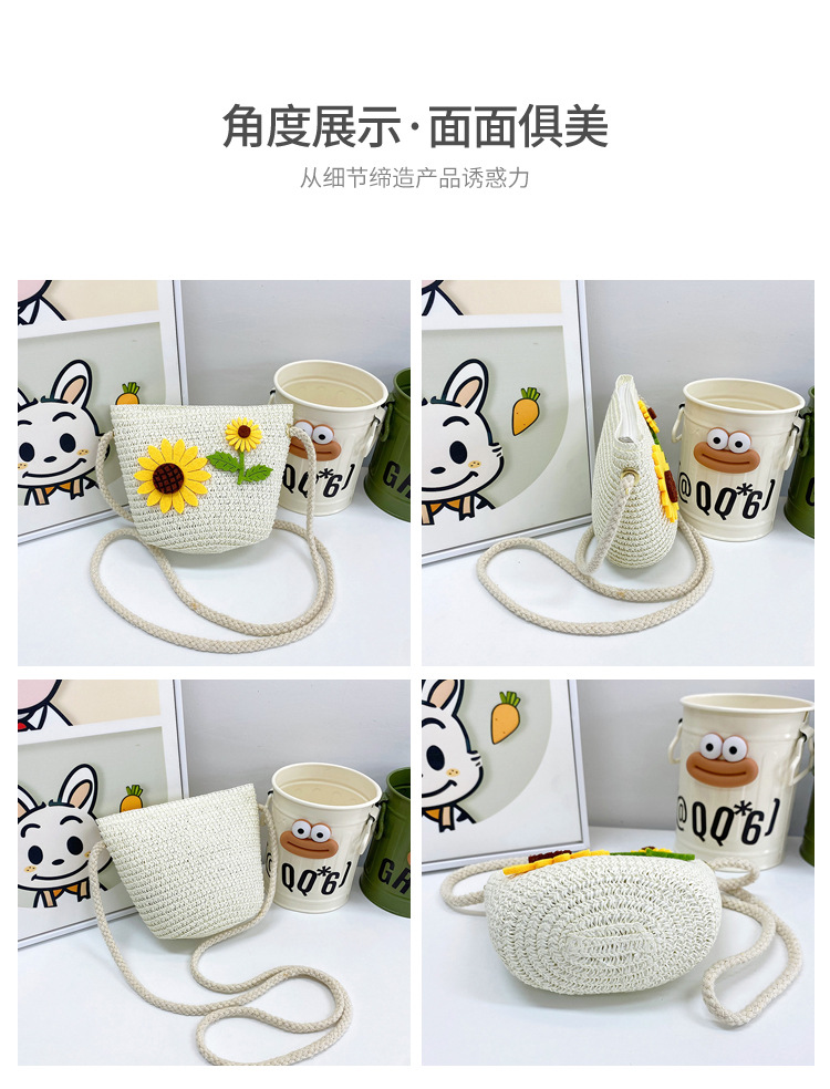 Japanese-style cute cartoon flower small bags, children's straw woven bags, mini crossbody bags, beach play zipper bags, single-shoulder bags Item Picture