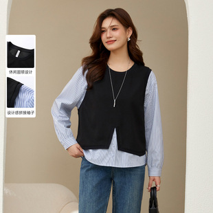 Slim Show plus size Women's Fashionable Personality Design Sense Fake Two-piece Casual All-match Sweater Chubby mm2024 Winter New