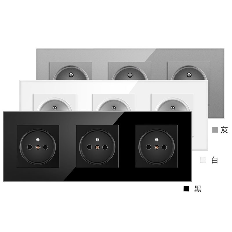 欧标86型228*86mm法式三位联体插座玻璃面板16A墙壁电源插座