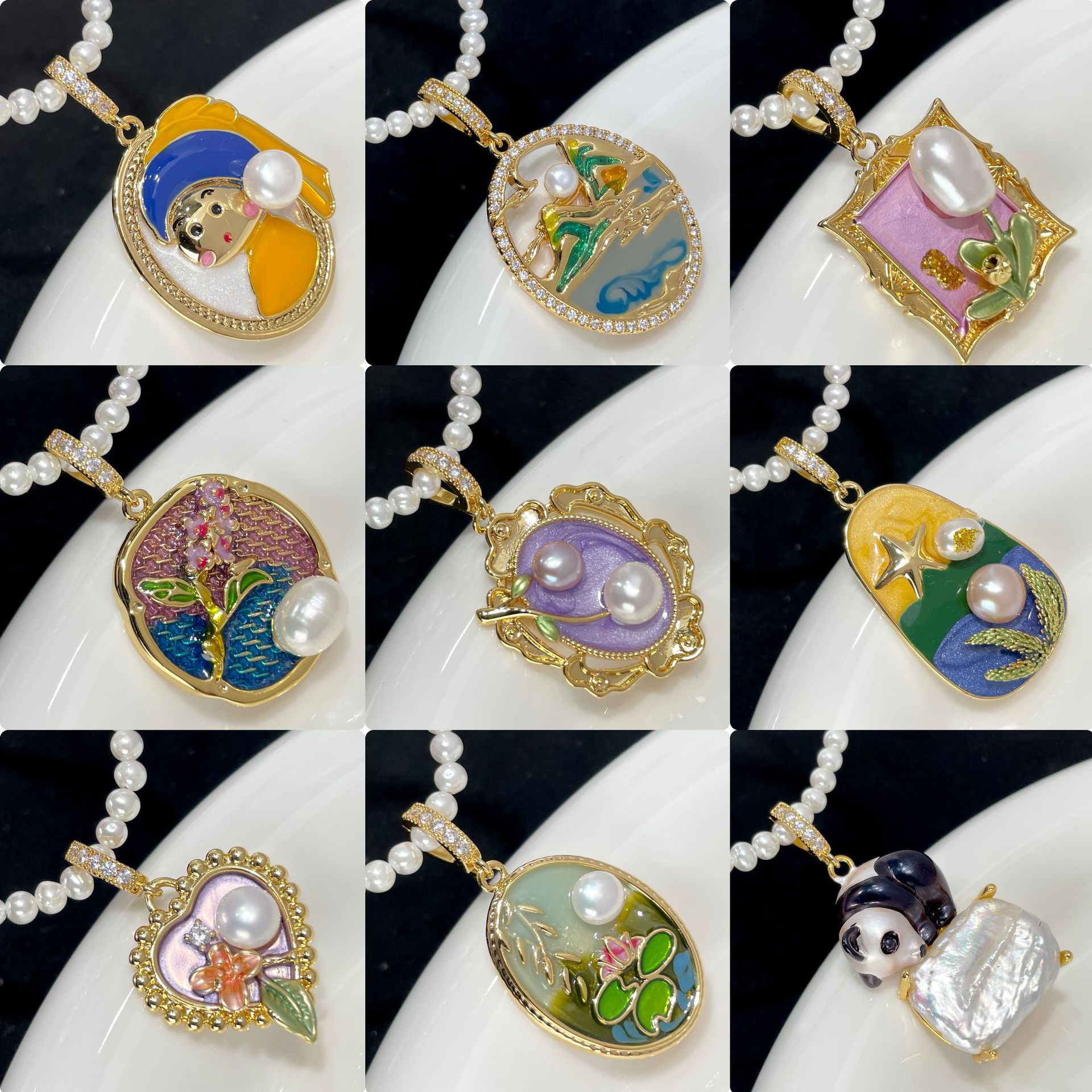 Autumn Hot Selling Natural Vintage Oil Painting Style Flower Pearl Pendant Monet Impression Court Style Baroque Necklace