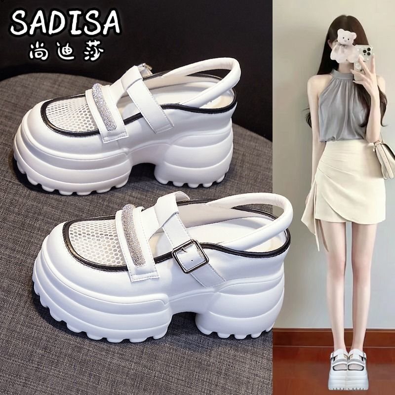 Shangdisha Women's Mesh Loafers with Rhinestone Buckle Platform Sandals, Summer 2025 Fashion Thick-Soled Shoes
