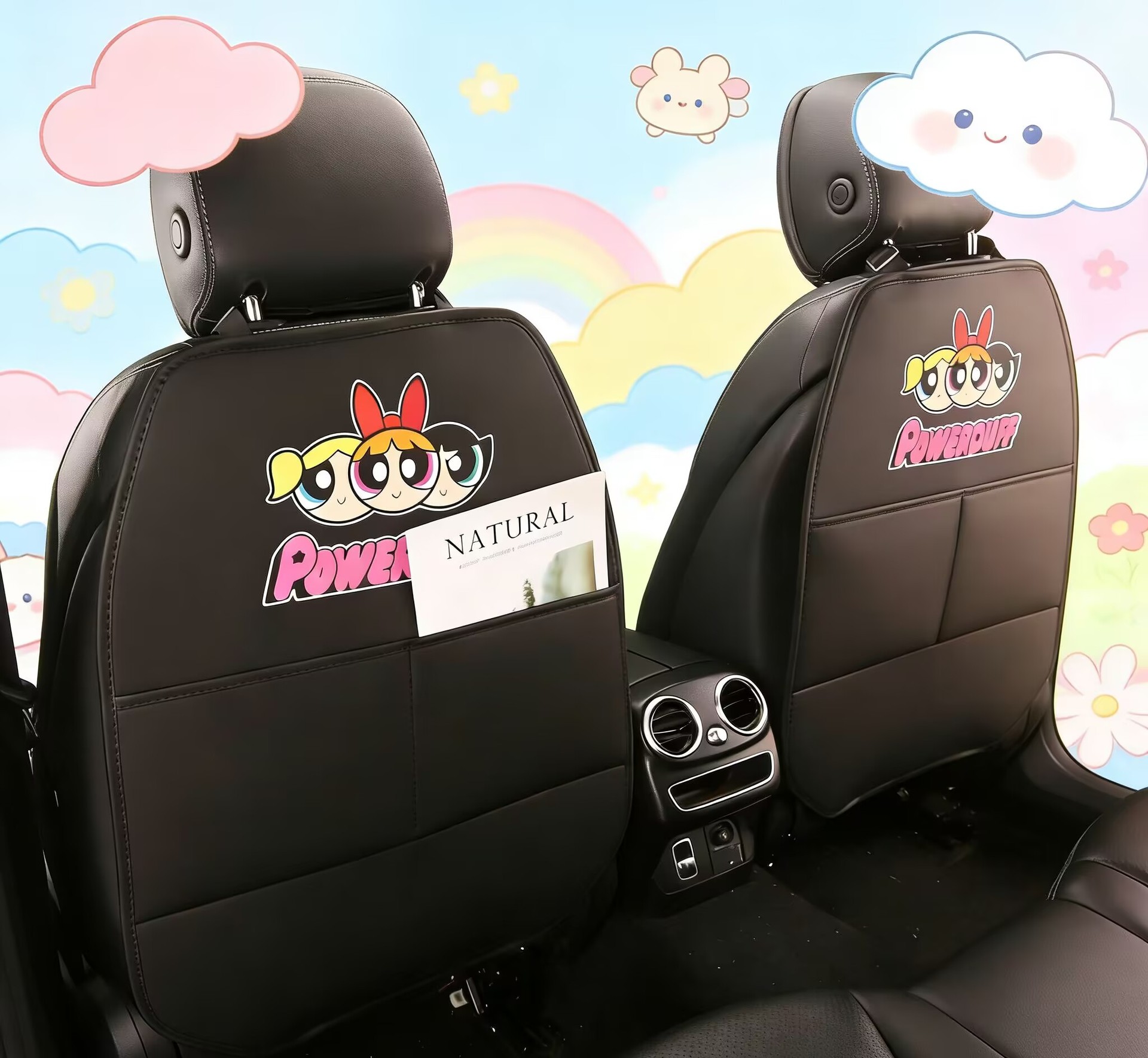 Powerpuff Girls Cute Cartoon Car Seat Back Anti-Kick Pad, Car Rear Seat Anti-Dirt Pad with Storage Bag