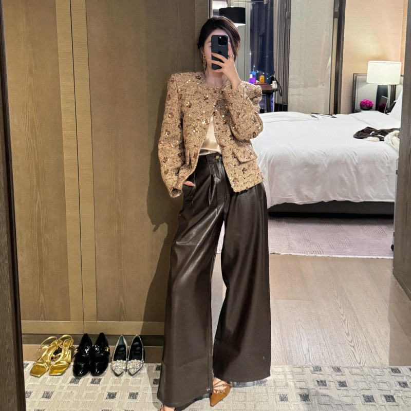 Gold Sequined Coat Tweed Padded Top