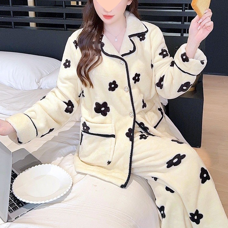 睡衣女秋冬季加厚套装家居服保暖长袖春秋新款珊瑚绒法兰绒可外穿