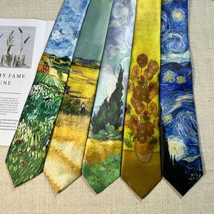 Van Gogh Oil Painting Coffee White Rose House Monet Art Style Men's and Women's Zipper JK Uniform Tie Casual College Style