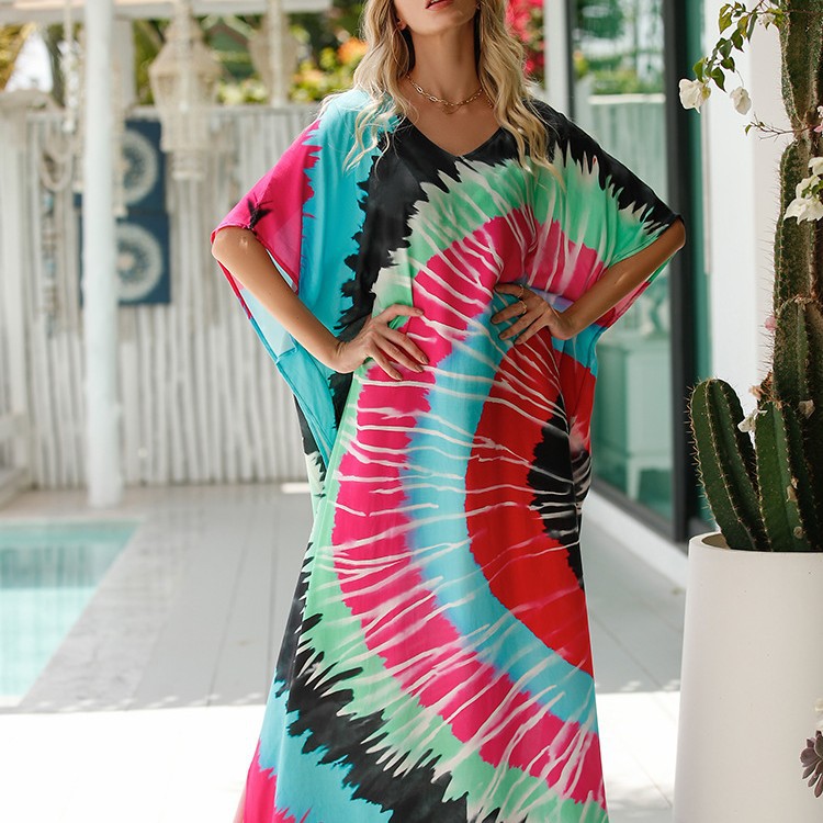 Cruzar la frontera europea y americana suelta blusa de playa rayón impreso bohemio vestido maxi bikini blusa ropa de playa RZ02