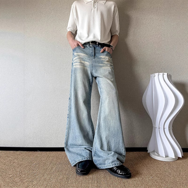 Light Blue Washed Distressed Whiskers Jeans Men's Bf Versatile Wide-Leg Pants Loose Slimming Look Straight Floor-Length Pants