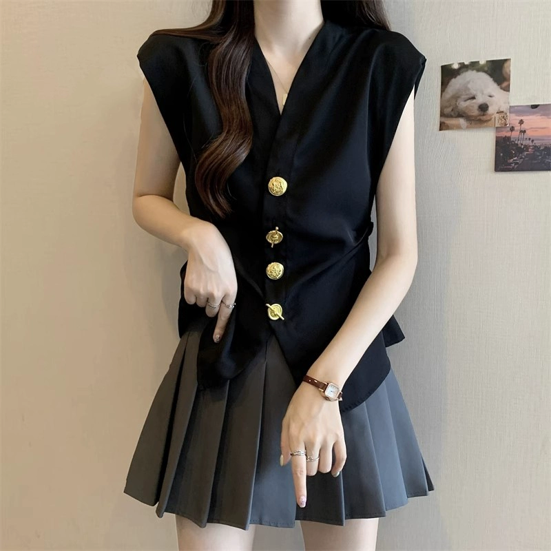 Французская ретро-рубашка с коротким рукавом с V-образным вырезом