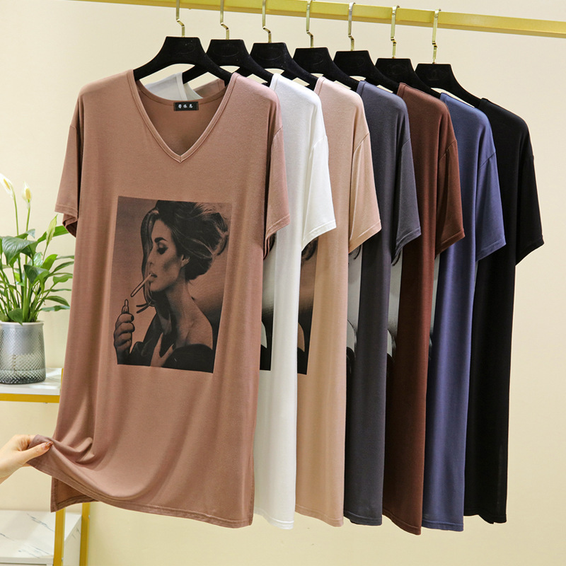 Modal Short-sleeved T-shirt Women's Summer New Women's Outwear V-neck Base Shirt Fashionable Printed Mid-length T-shirt Skirt Modal Short-sleeved T-shirt Women's Summer New Women's Outwear V-neck Base Shirt Fashionable Printed Mid-length T-shirt Skirt